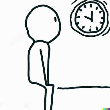 Post cover: a simple black and white drawing of a person staring at the clock.