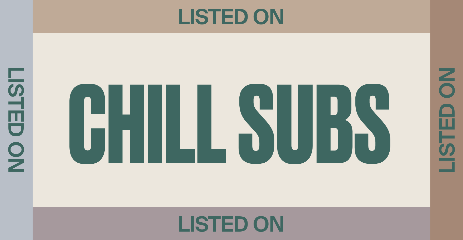 Sticker for literary magazines listed on Chill Subs. Has a Chill Subs logo on it surrounded by four colorful "listed on" labels.