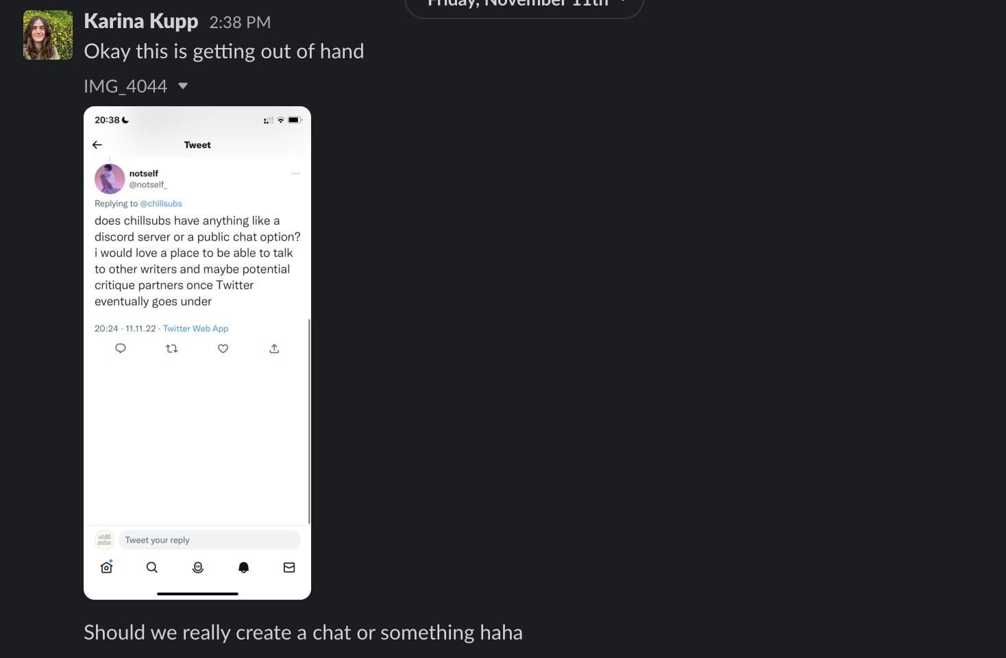 [ugh] creation story in screenshots: Karina sends Ben another tweet by someone asking us to create a social media